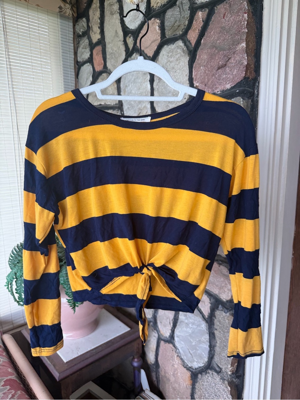 Caution To The Wind Navy & Mustard Striped Tie-Front Long Sleeve Top